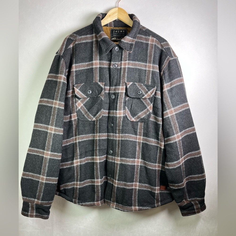 JACHS NEW XXL Sherpa Lined Wool Blend Plaid Shacket Jacket Brown/Gray